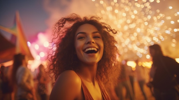 una joven feliz con chispas en su multitud