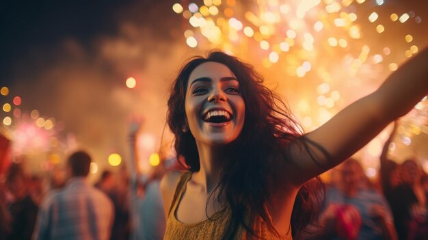 una joven feliz con chispas en su multitud