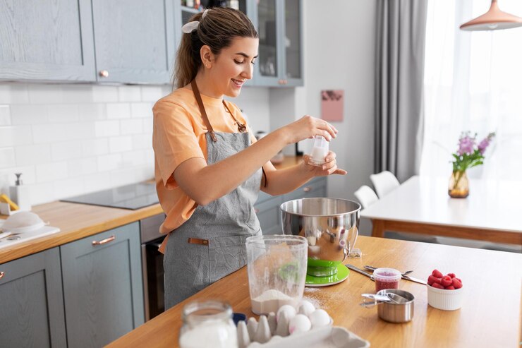 Foto joven feliz cocinando comida en la cocina en casa