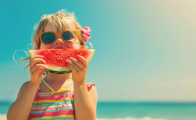 Foto una joven feliz comiendo una gran rebanada de sandía en verano