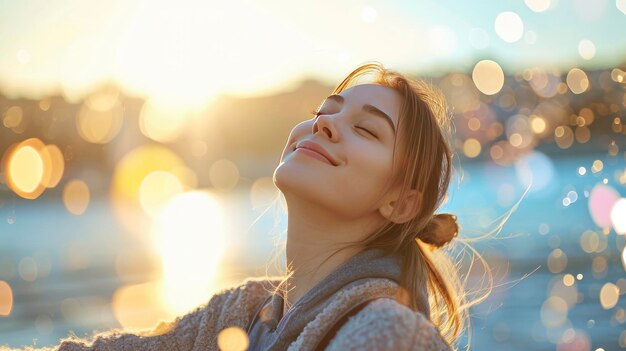 Una joven feliz contra un océano