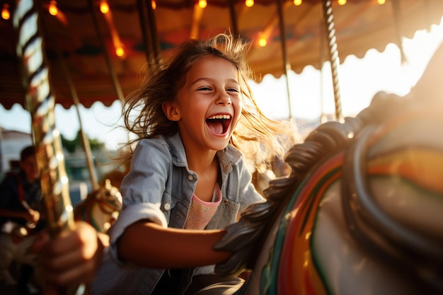 Foto una joven feliz disfruta jugando en un carrusel colorido divirtiéndose en un parque de diversiones día del niño