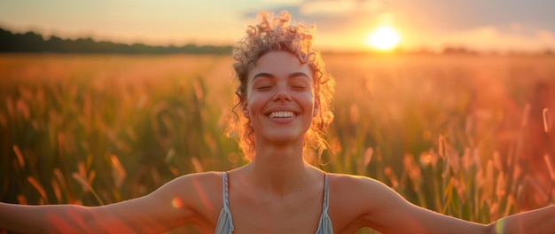 Una joven feliz disfrutando de la puesta de sol en el prado.