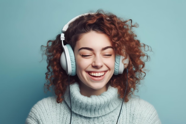 Joven feliz y divertida mujer caucásica usar auriculares de suéter de punto escuchar música con los ojos cerrados divertirse aislado en el concepto de estilo de vida de la gente de retrato de estudio de fondo cian azul claro pastel claro