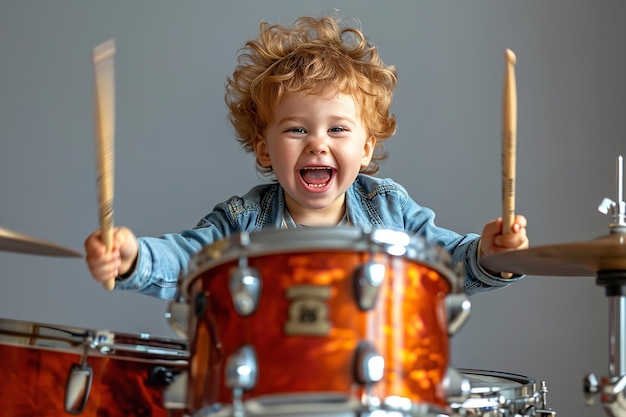 Un joven feliz divirtiéndose con un tambor musical con espacio de copia IA generativa