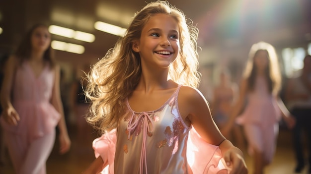 La joven feliz está bailando al ritmo de la música.