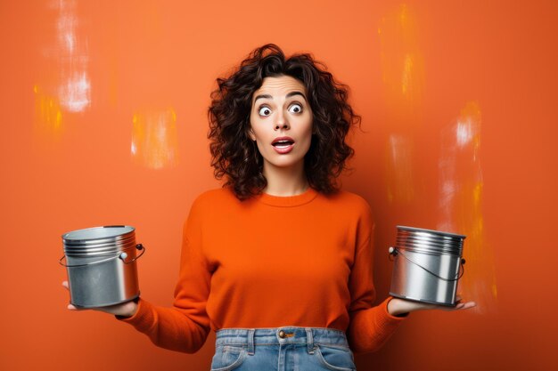 Una joven feliz está haciendo reparaciones en su casa con latas de pintura en sus manos.