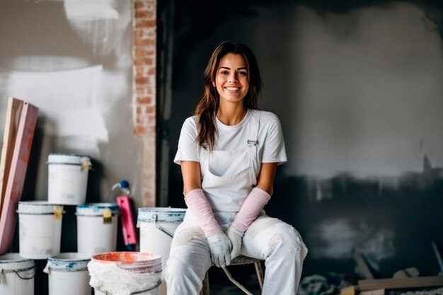 Una joven feliz está haciendo reparaciones en su casa se sienta contra el fondo de las reparaciones