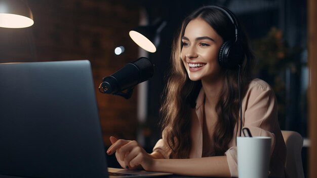 Una joven feliz está usando un micrófono de estudio y una computadora portátil en el interior