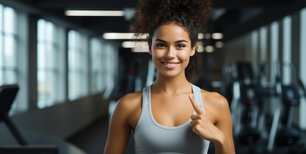 joven feliz en el gimnasio mostrando los pulgares hacia arriba