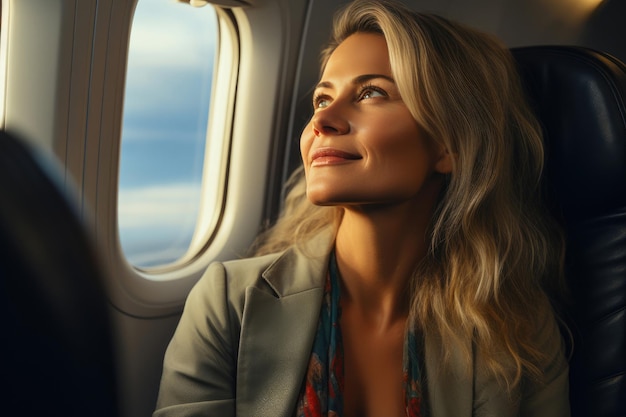 Una joven feliz en el interior de un avión moderno