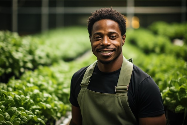 Un joven feliz, un jardinero, está cultivando lechuga en un invernadero.