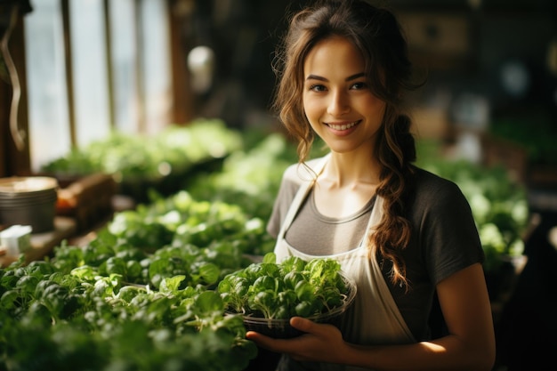 Una joven feliz un jardinero está cultivando lechuga en un invernadero