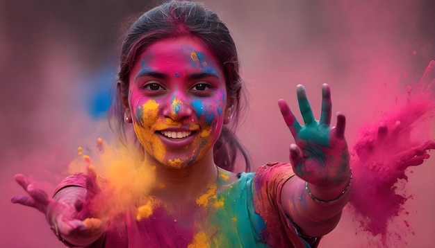 Una joven feliz jugando al holi.