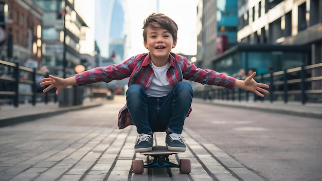 Joven feliz jugando a la patineta en la ciudad niño caucásico montando una tabla de centavos