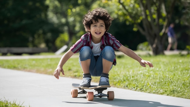 Foto joven feliz jugando a la patineta en el parque niño caucásico montando una tabla de penny practicando ska