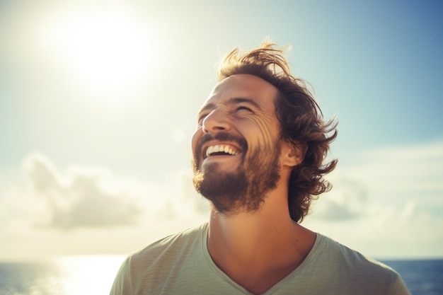 Un joven feliz con mochila mirando al cielo en el mar.