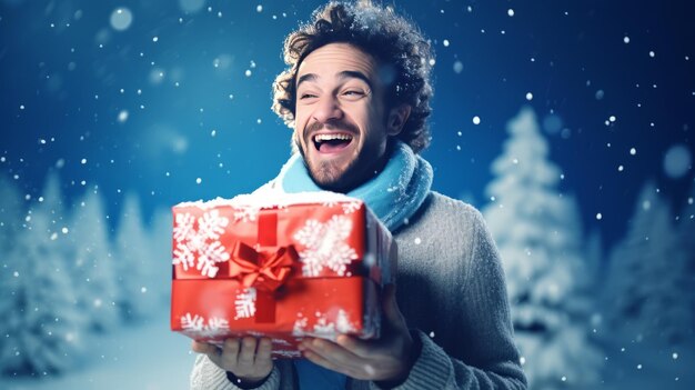 Joven feliz o hombre con una caja de regalos de Navidad sobre un fondo azul nevado emociones vívidas Ne