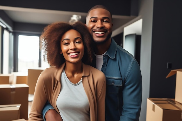 Joven y feliz pareja casada negra en su nuevo hogar después de mudarse Jóvenes alegres abrazándose en una nueva casa o apartamento Nuevos propietarios Propiedad de alquiler hipotecario