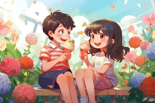 Una joven y feliz pareja está bebiendo helado y sonriendo mientras están sentados en el jardín de flores.