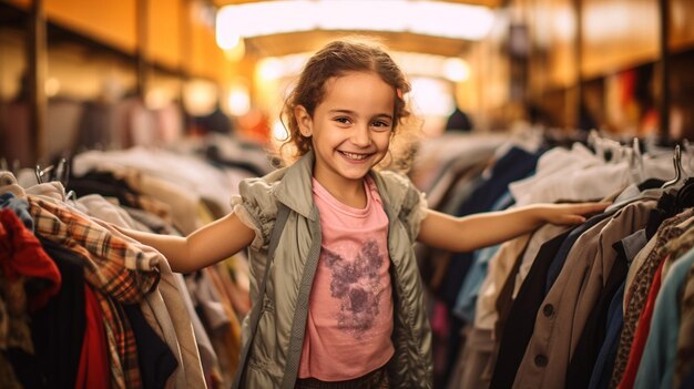 "Una joven feliz de pie con ropa para una donación"