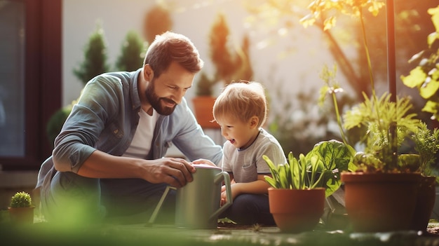 Foto un joven feliz está plantando y su pequeño hijo lo está ayudando ai generativa ai