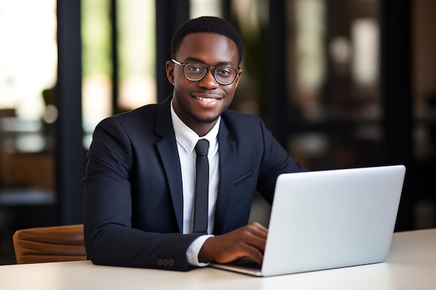 Joven, feliz, profesional, afroamericano, hombre de negocios, llevando, traje, anteojos, trabajando, computador portatil, en, oficina, sentado, en, escritorio, mirar cámara, mujer, gerente de compañía, retrato ejecutivo, en, lugar de trabajo