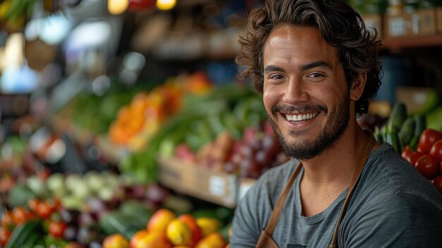 Foto joven feliz en el puesto del mercado de verduras fotografía de retrato de bokeh