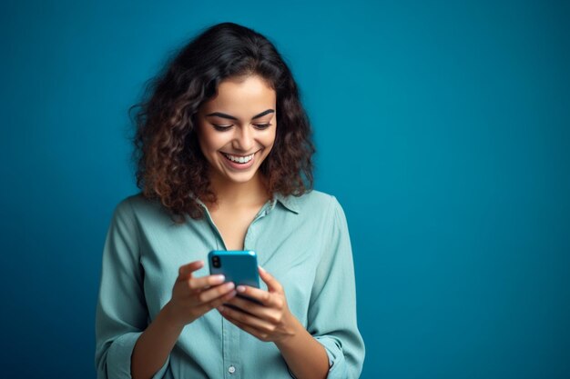 Una joven feliz revisando su teléfono con fondo azul con IA generativa