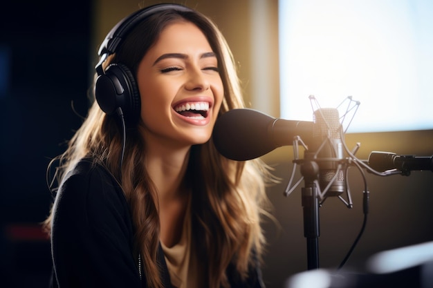 Una joven feliz riendo mientras graba un programa de radio en vivo en un estudio