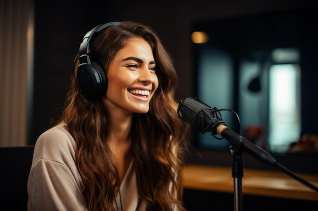 Una joven feliz riendo mientras graba un programa de radio en vivo en un estudio