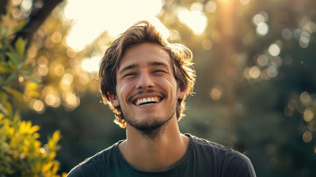 Un joven feliz riendo y sonriendo en un retrato alegre