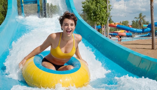 Una joven feliz y satisfecha divirtiéndose en un parque acuático.