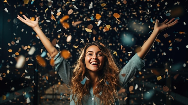 Foto joven feliz satisfecho emocionado divertido sorprendido asombrado persona fiesta confeti cayendo