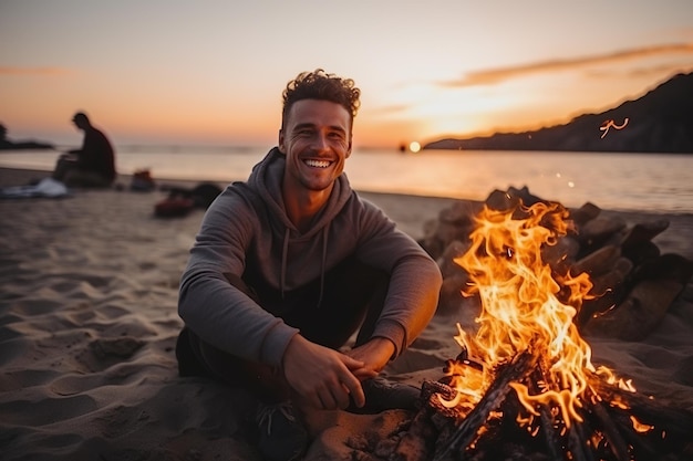 Joven feliz sentado junto a la hoguera en la playa al atardecer