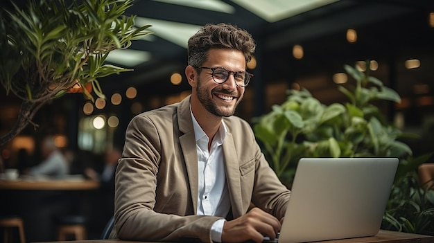 Un joven feliz sentado y usando una laptop