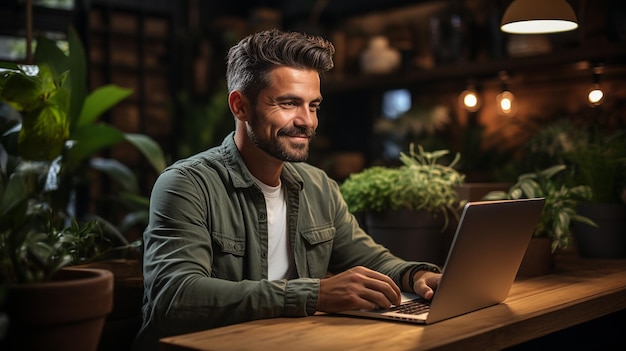 Un joven feliz sentado y usando una laptop