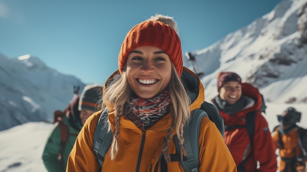 Una joven feliz con sombrero y chaqueta está de pie en las montañas cubiertas de nieve