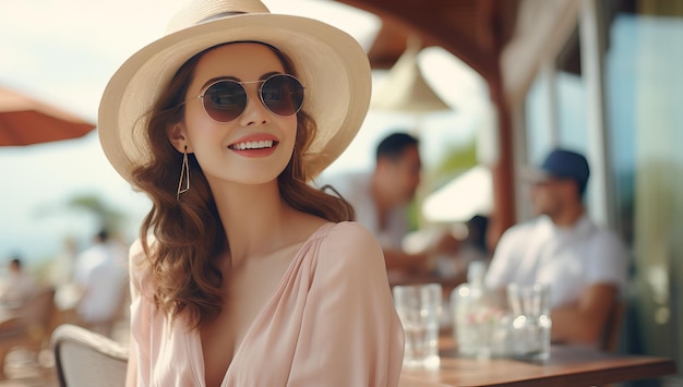 Una joven feliz con sombrero y gafas de sol sentada a la mesa en un café de verano