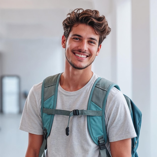 Un joven feliz y sonriente con una mochila.