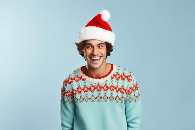 Joven feliz con suéter de Navidad y sombrero de Papá Noel en fondo azul claro Espacio para el texto