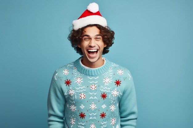 Joven feliz con suéter de Navidad y sombrero de Papá Noel en fondo azul claro Espacio para el texto