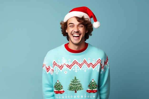 Joven feliz con suéter de Navidad y sombrero de Papá Noel en fondo azul claro Espacio para el texto