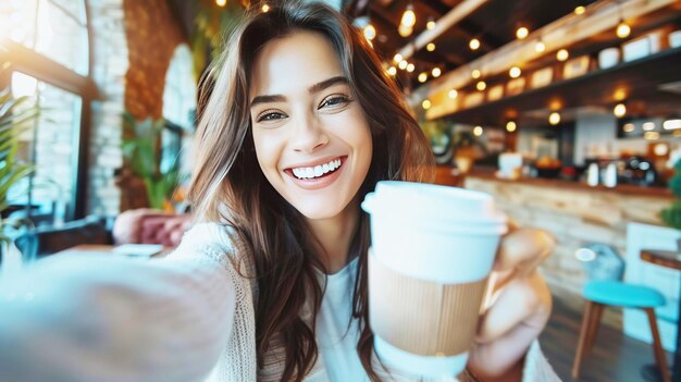 Foto una joven feliz tomando una selfie con una taza de café.