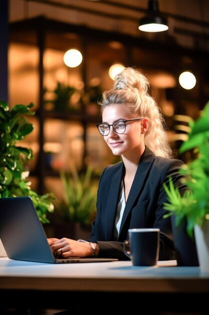 Una joven feliz con traje negro usa su computadora portátil al final de la jornada laboral AI generativa