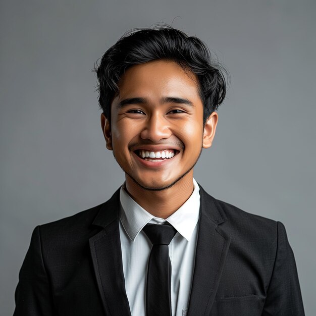 Foto joven feliz en un traje sobre un fondo gris