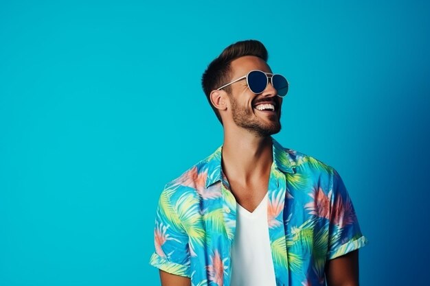 Foto joven feliz con trajes brillantes sonriendo y riendo con gafas de sol sobre un fondo azul