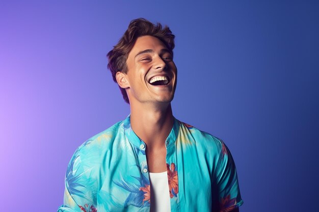 Foto joven feliz con trajes brillantes sonriendo y riendo con gafas de sol sobre un fondo azul