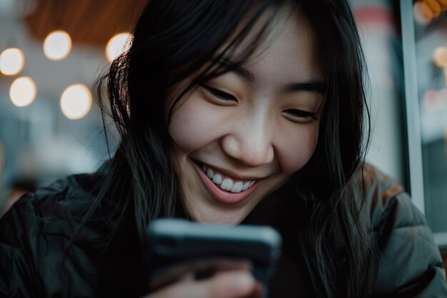 Una joven feliz usando un teléfono inteligente en un entorno urbano