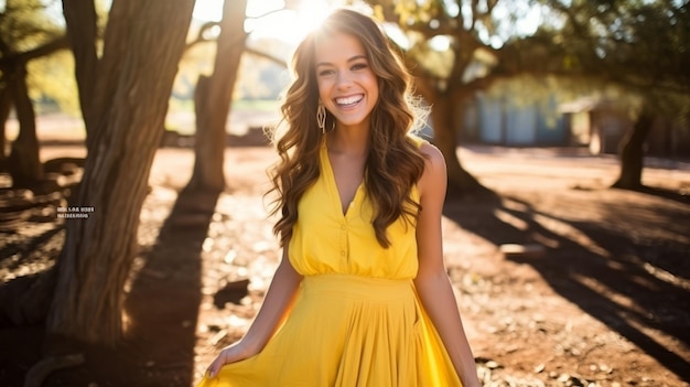 Una joven feliz con un vestido amarillo de pie en el bosque